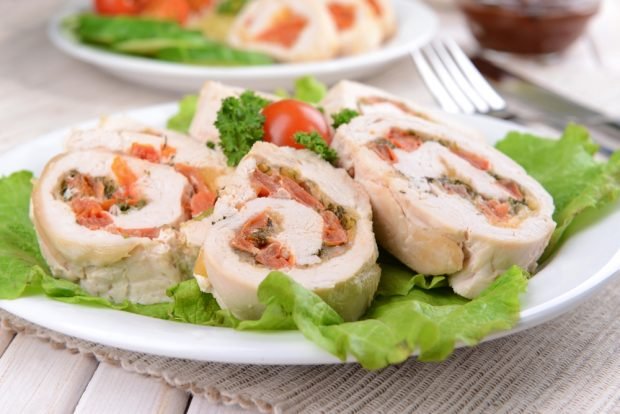 Chicken roll with vegetables and champignons