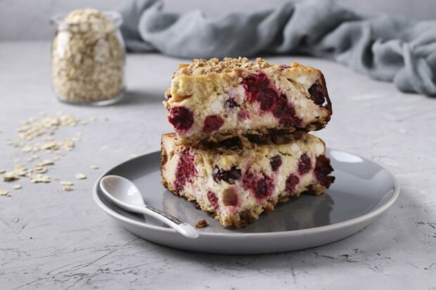 Cottage cheese casserole with oatmeal, nuts and cherries