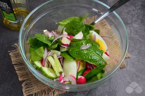 Egg salad, spinach and radish - recipe photo, step 3