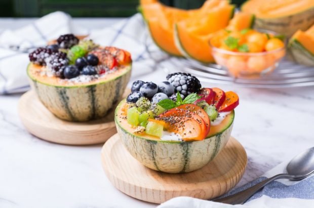 Fruit salad with yogurt in the melon Fruit salad with yogurt in the melon