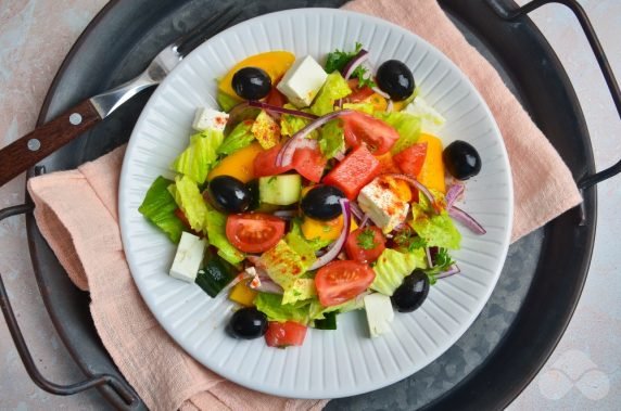 Greek salad with brass and herbs - recipe photo, step 4