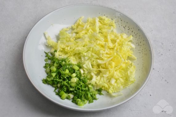 Peking cabbage salad, crab sticks and green onions - recipe photo, step 1