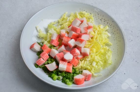 Peking cabbage salad, crab sticks and green onions - recipe photo, step 2