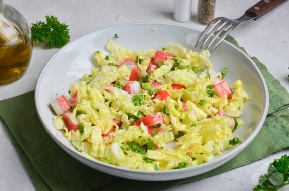 Peking cabbage salad, crab sticks and green onions - recipe photo, step 3