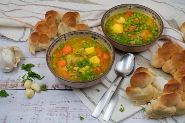 Vegan soup with peas and vegetables